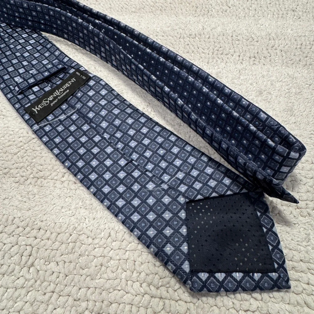 Yves Saint‎ Laurent Tie Blue Silk Geometric Check Luxury Designer Business Italy